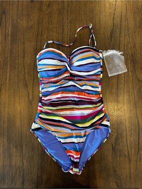 Anne Cole One Piece Swimsuit Women’s Size 8 Multicolor Stripe Bandeau Halter Ruc